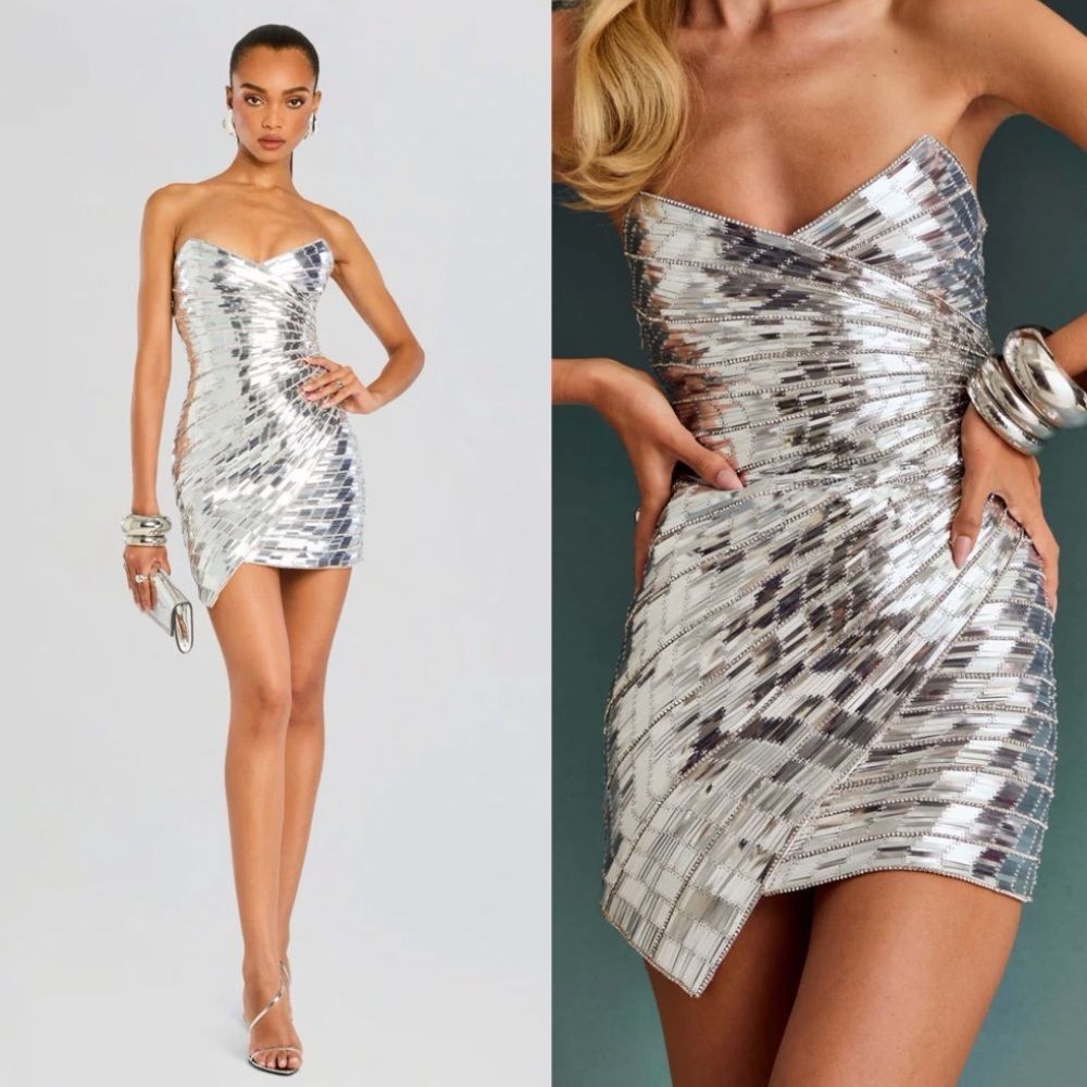 Retrofete Aura Strapless Rhinestone Embellished Mini Dress Silver Size Small